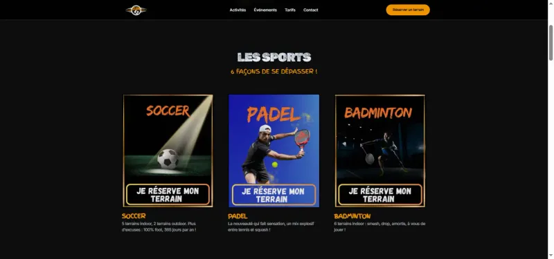 Section des six sports du Club 42, chaque activité menant à la réservation en ligne
