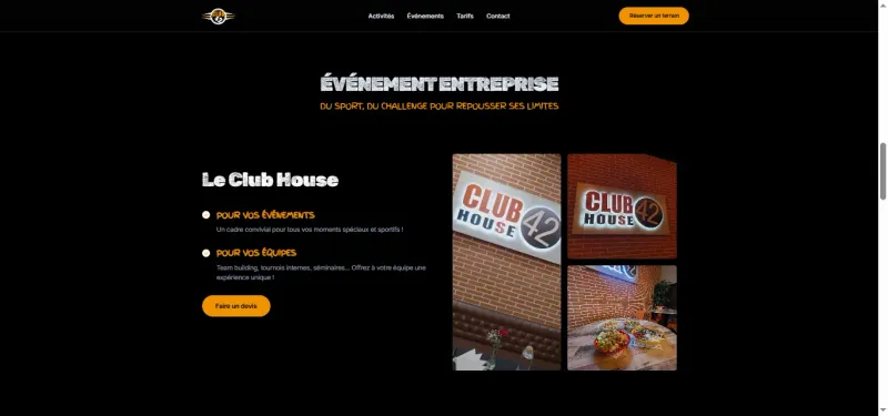 Section événementiel entreprise et Club House du site Club 42