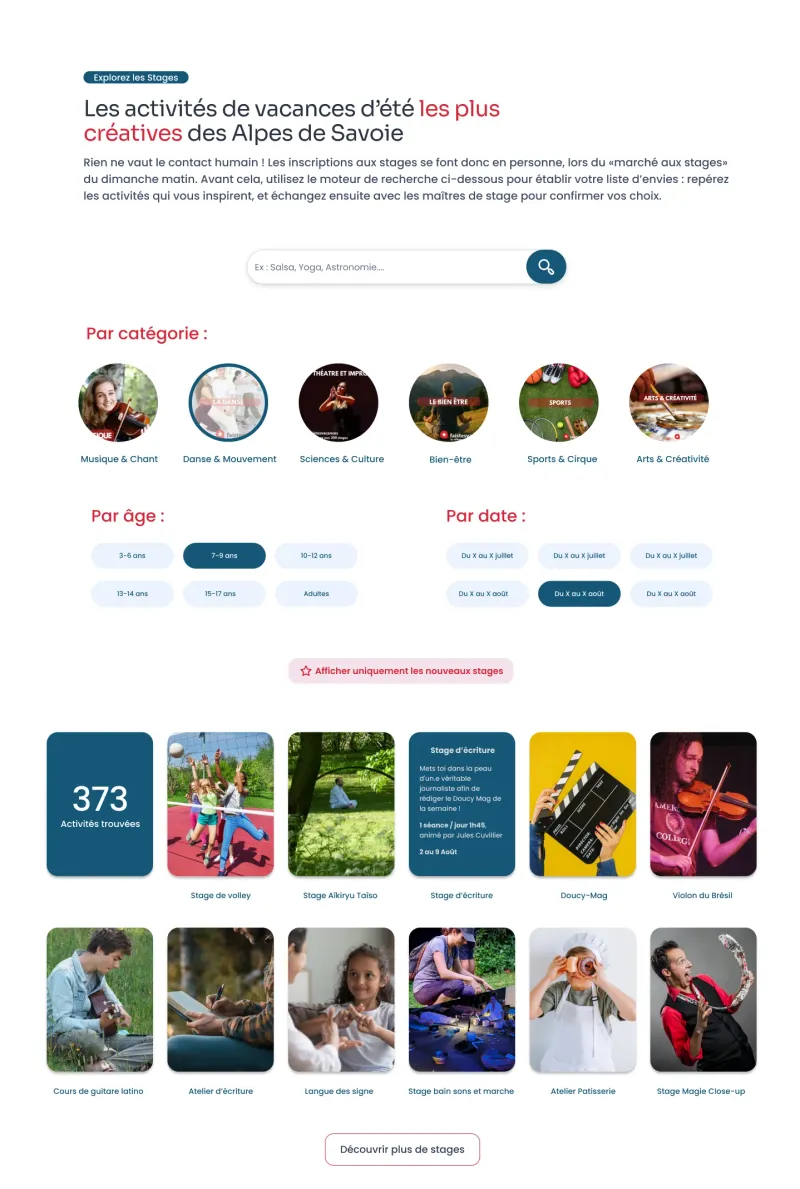 Page stages du site Fais Tes Vacances refaite par WebMagnet