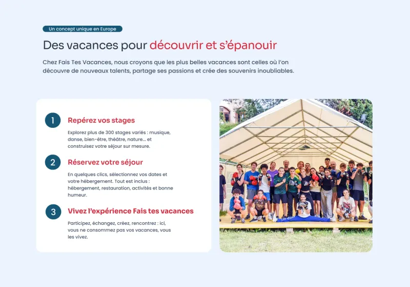 Déroulé du séjour sur la page d'accueil du site Fais Tes Vacances