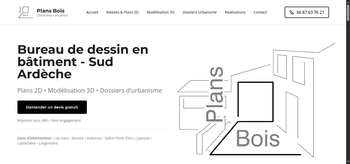 Site web de Plans Bois, dessinateur en bâtiment en Sud Ardèche, réalisé par WebMagnet