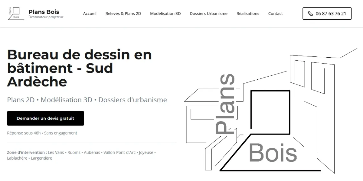 Site de Plans Bois, dessinateur-projeteur en Sud Ardèche, Top 3 Google, réalisé par WebMagnet
