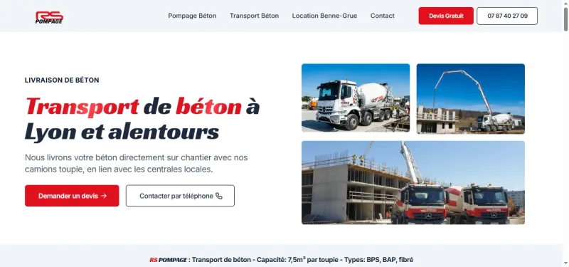 Page services du site RS Pompage : pompage et transport de béton