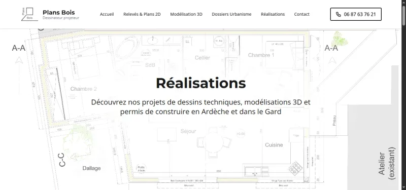 Page réalisations du site Plans Bois : plans 2D, 3D et permis de construire en Ardèche