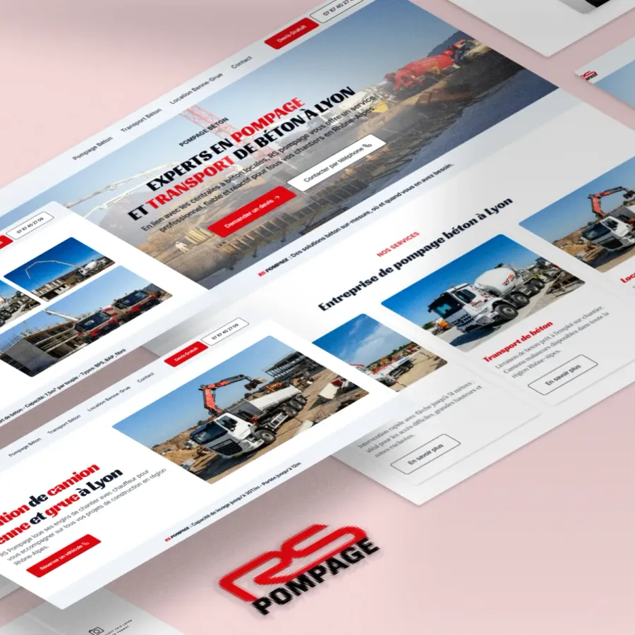 Site de RS Pompage, pompage de béton à Lyon, 1er sur Google, réalisé par WebMagnet