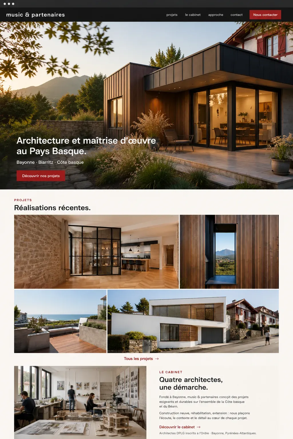 Exemple de site internet pour un cabinet d'architecte, page d'accueil avec portfolio et zone d'intervention