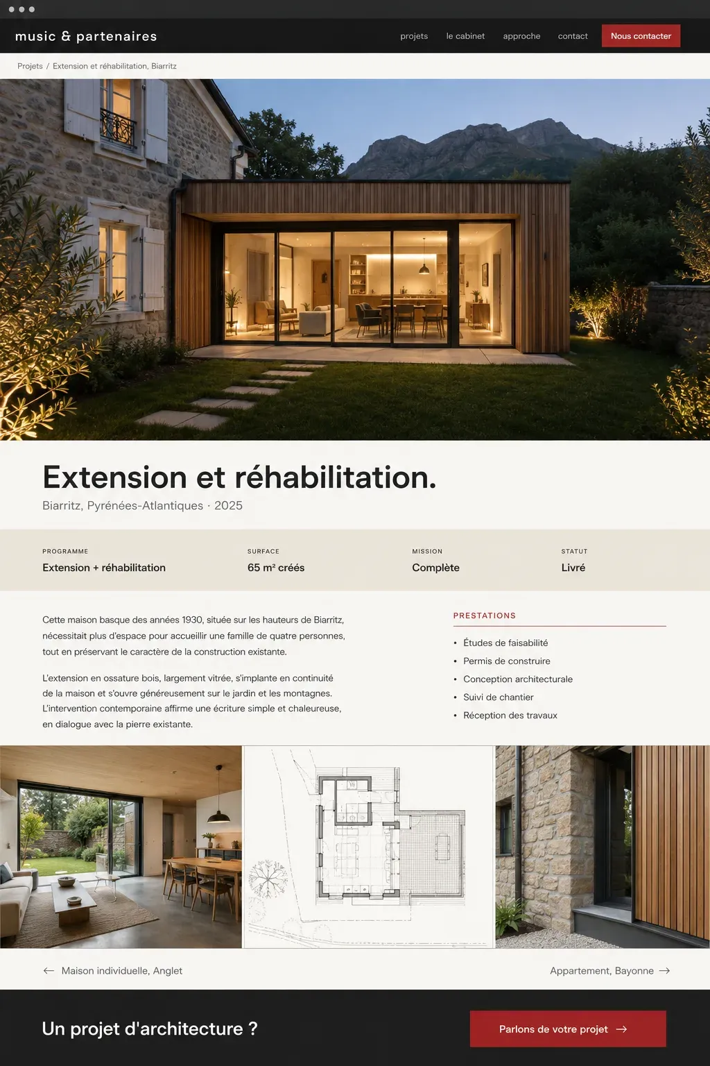 Exemple de fiche projet d'architecte avec photos, programme, surface et prestations réalisées