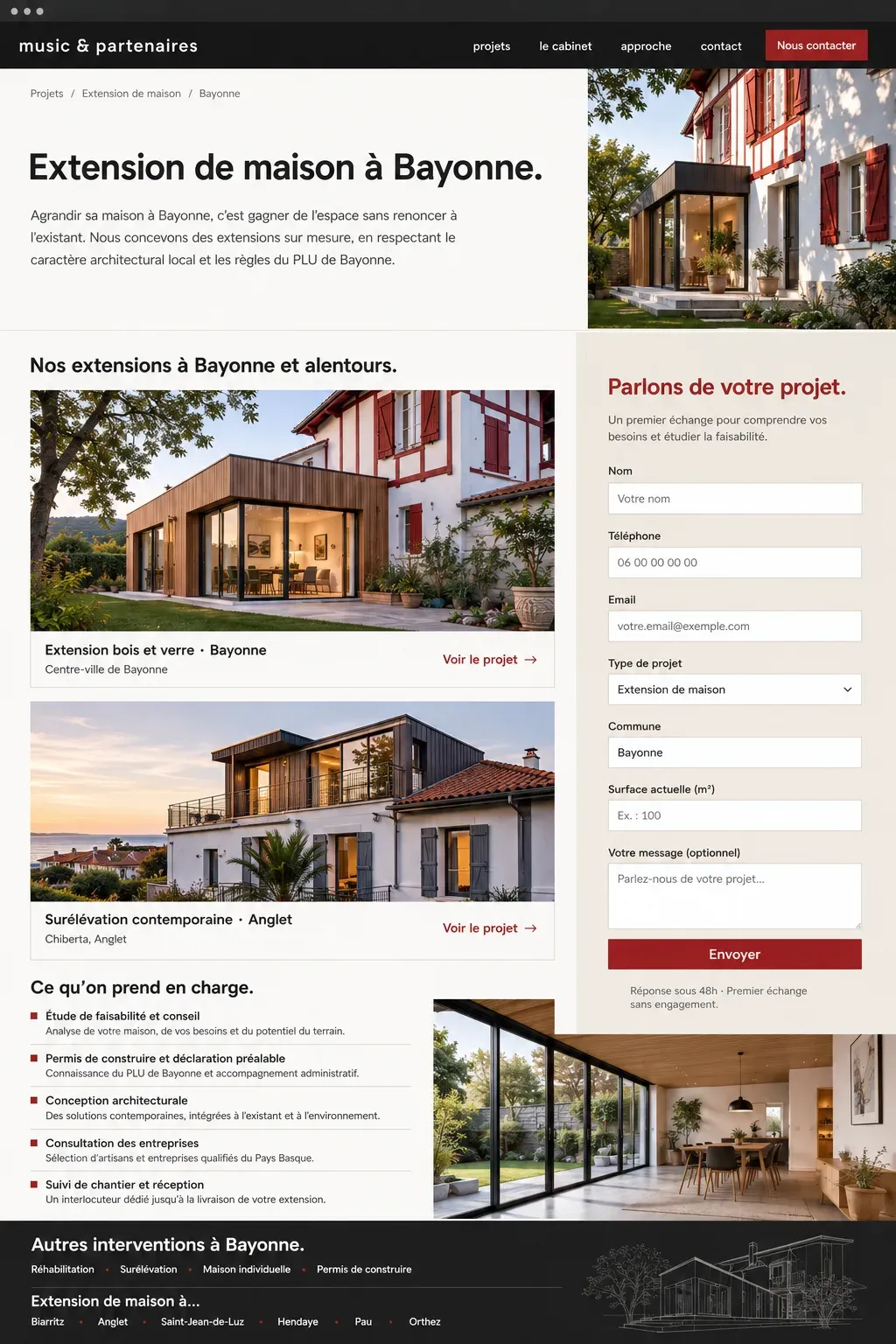 Exemple de page extension de maison localisée pour un architecte, avec formulaire de contact qualifié