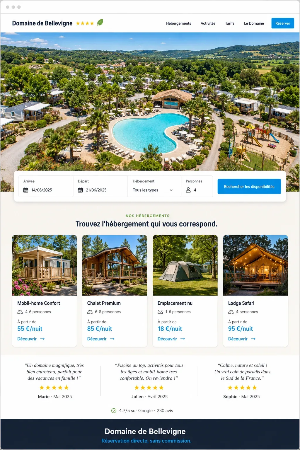 Exemple de site internet pour un camping, page d'accueil avec moteur de réservation et section hébergements