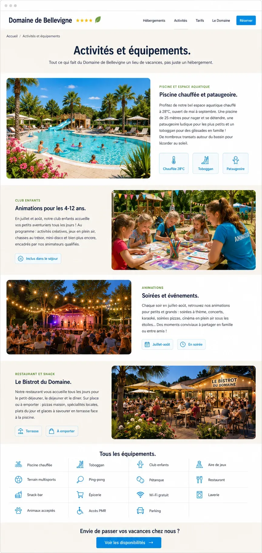 Exemple de page activités et équipements d'un camping avec photos et descriptions