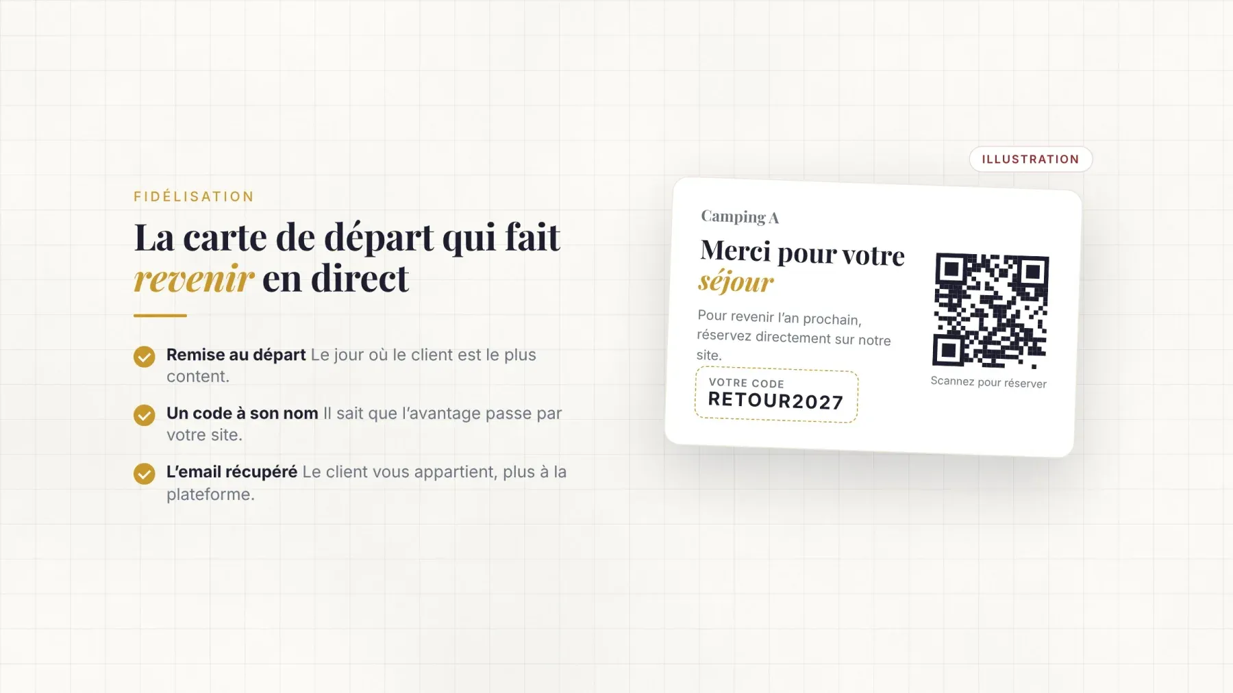 Exemple de carte de départ remise par un camping : remerciement, code de réduction pour réserver en direct l'an prochain et QR code vers le site