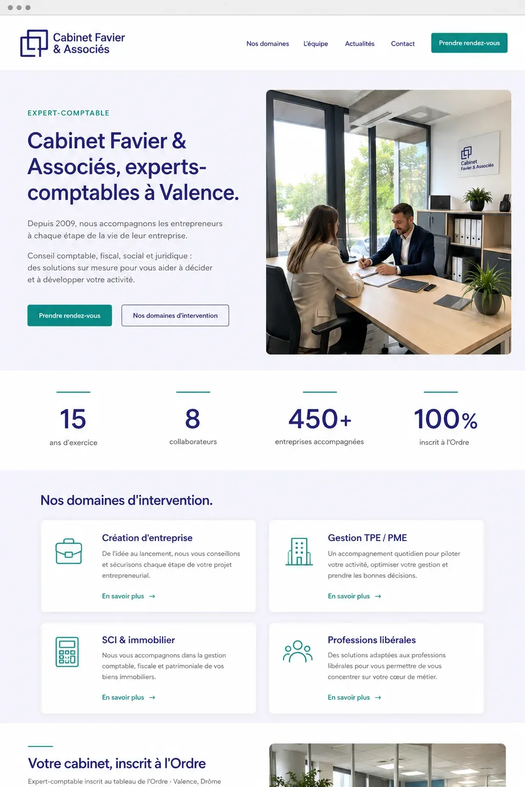 Exemple de site internet pour un cabinet d'expertise comptable, page d'accueil avec domaines d'intervention et prise de rendez-vous