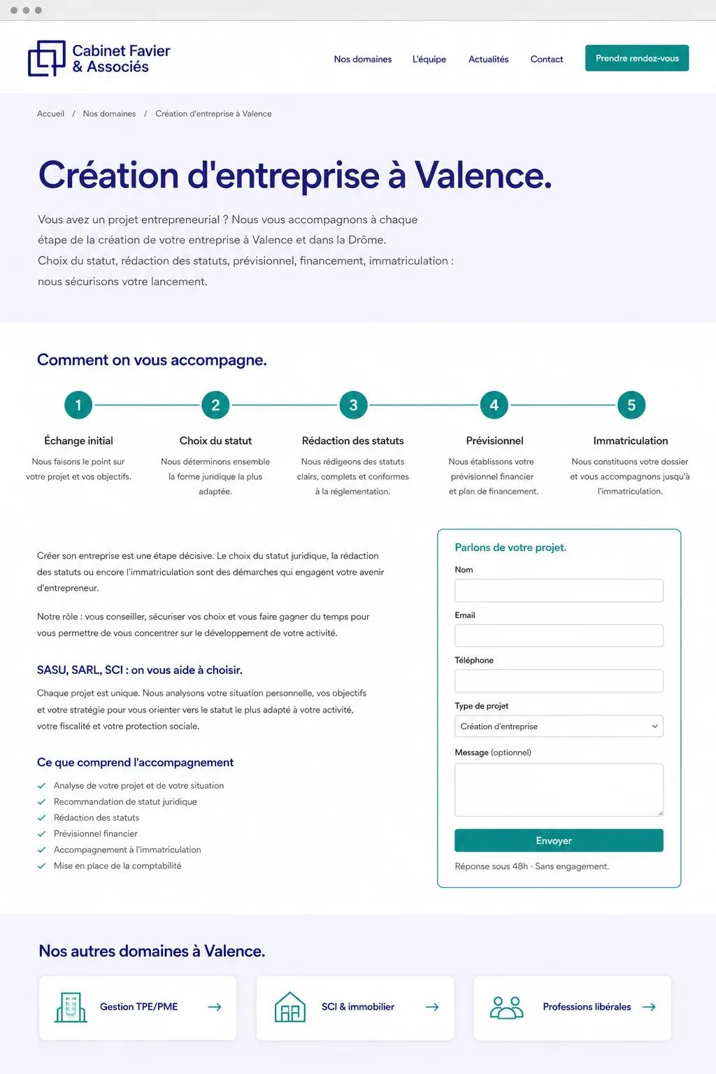 Exemple de page création d'entreprise pour un expert-comptable, contenu structuré et formulaire de contact