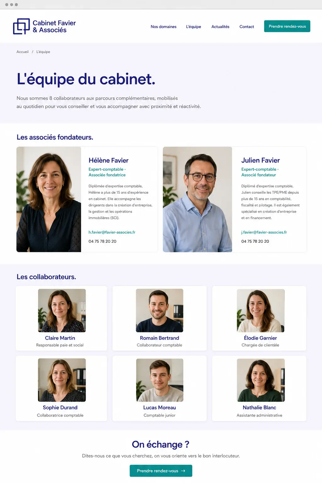 Exemple de page équipe pour un cabinet d'expertise comptable, associés fondateurs et collaborateurs
