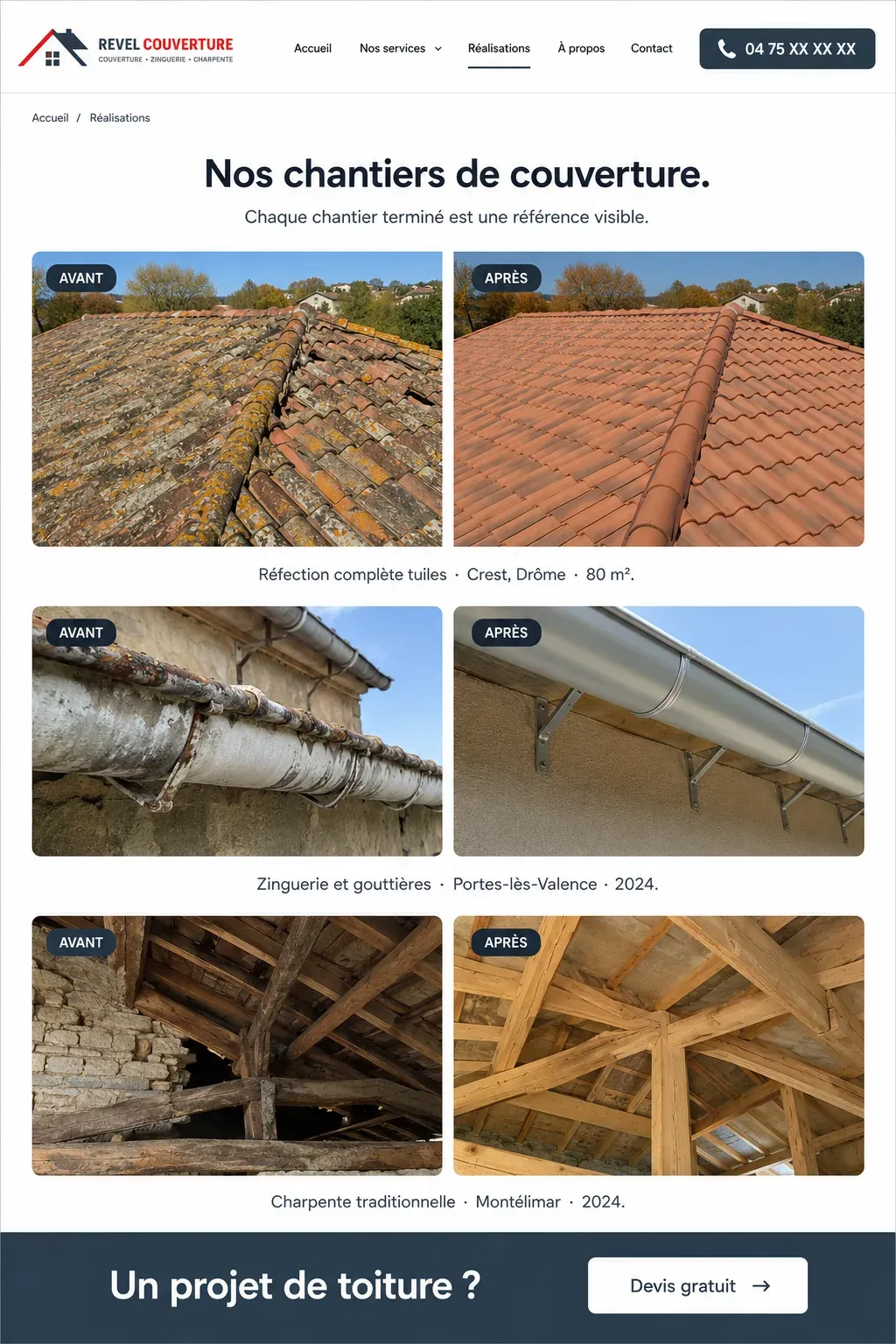 Galerie avant/après de chantiers de toiture sur un site de couvreur