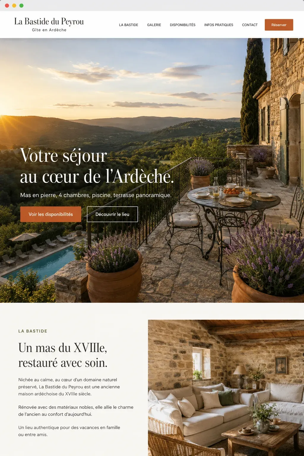 Exemple de site internet pour un gîte, page d'accueil avec présentation du lieu