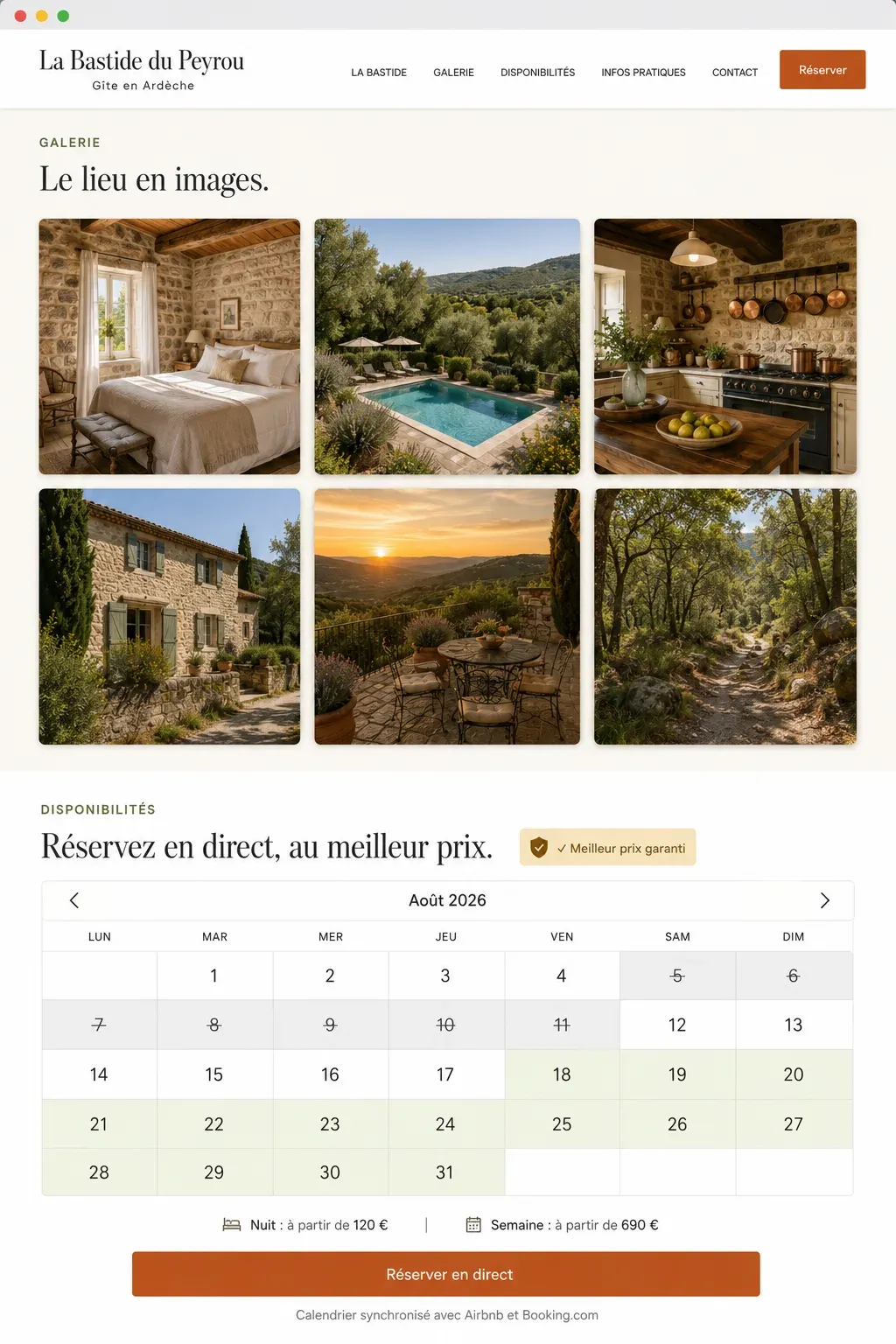 Exemple de calendrier de réservation directe intégré à un site de gîte