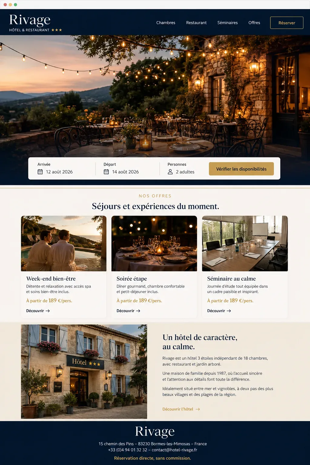 Exemple de site internet pour un hôtel, page d'accueil avec moteur de réservation et offres du moment