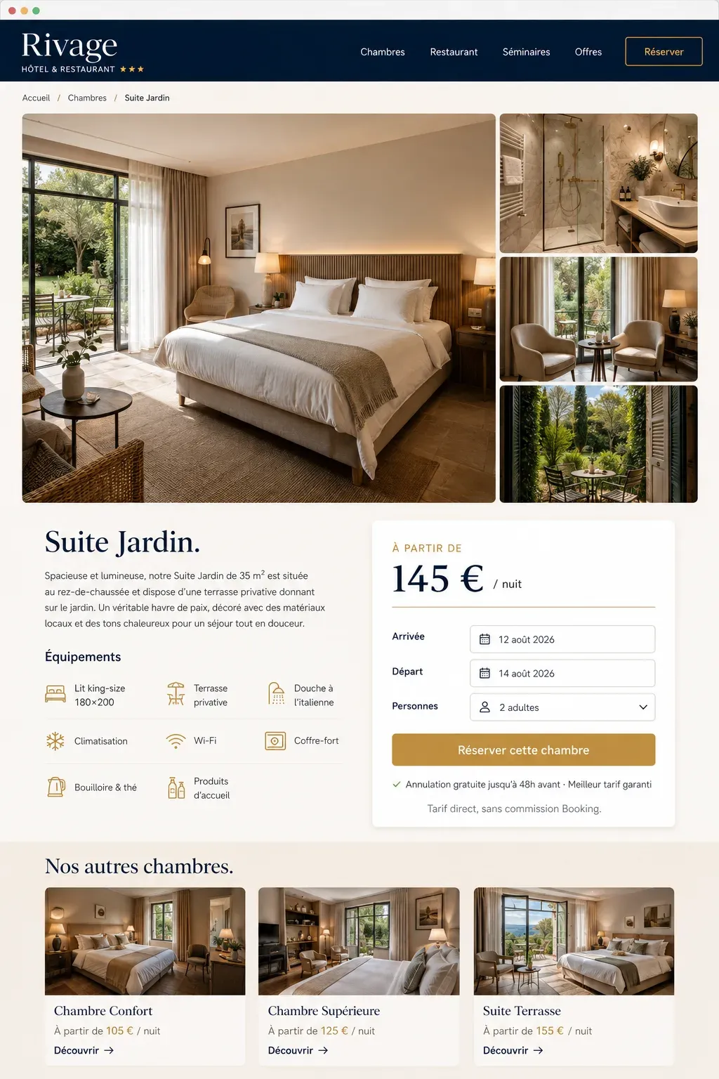 Exemple de page chambre d'hôtel avec galerie photo, tarifs et bouton de réservation directe