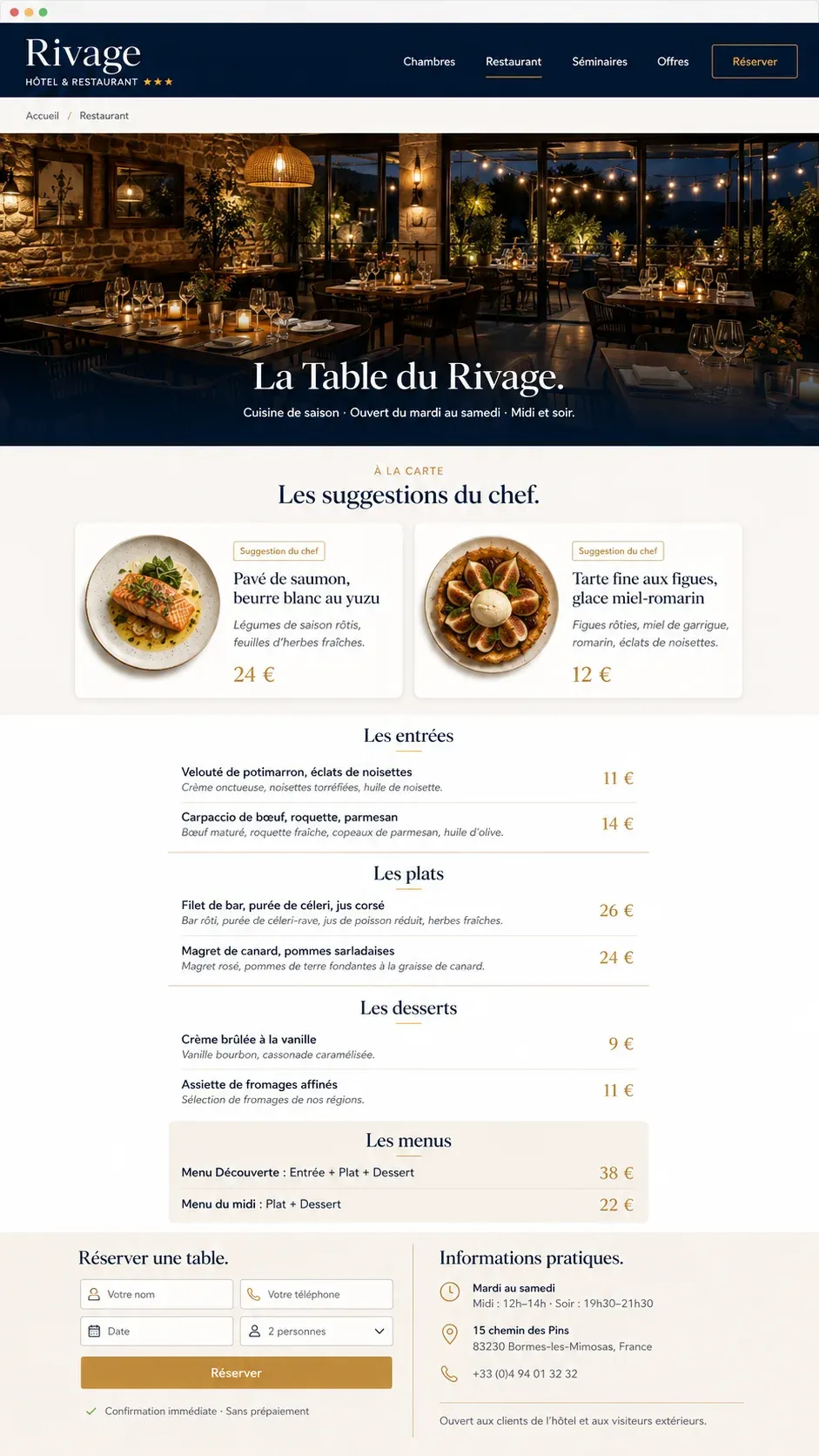 Exemple de page restaurant d'hôtel avec carte, galerie et réservation de table