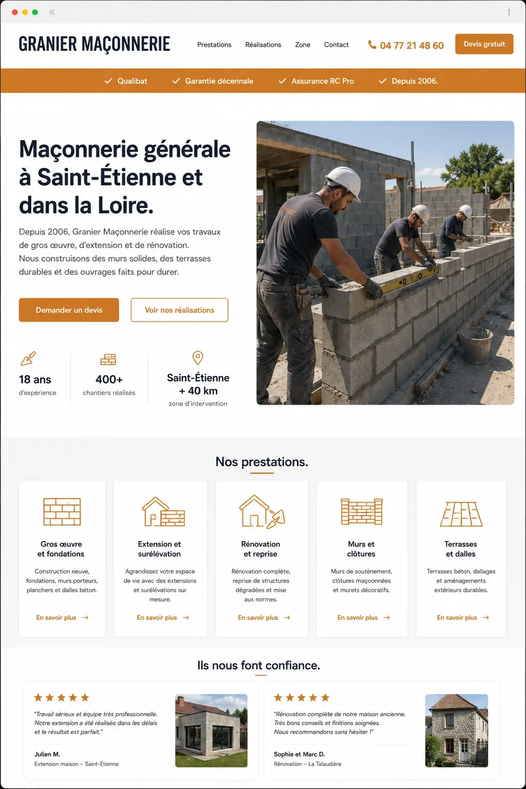 Exemple de site internet pour entreprise de maçonnerie, badges Qualibat et décennale