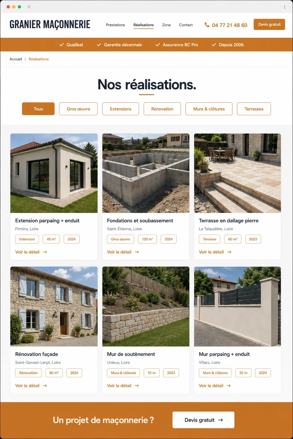 Section réalisations d'un site de maçon, cards par type de projet