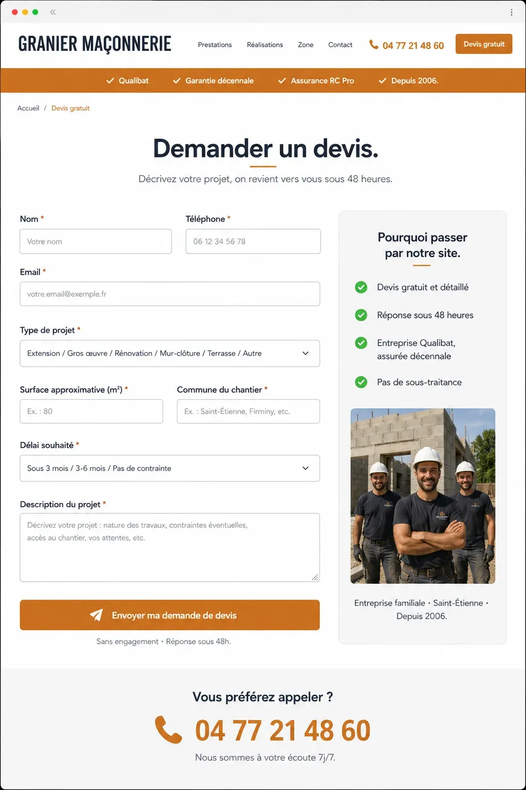 Formulaire de devis qualifié sur un site de maçon, type de projet et surface