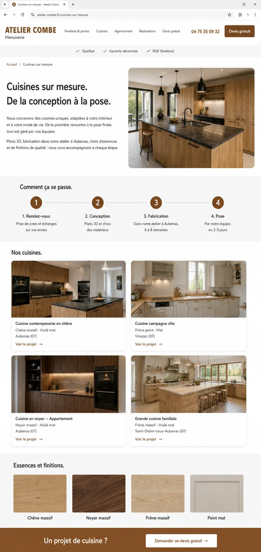 Portfolio projet ouvert sur un site de menuisier, détails essence et finition