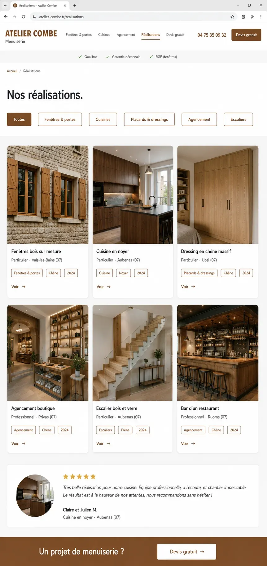 Témoignage client intégré à une réalisation sur un site de menuisier