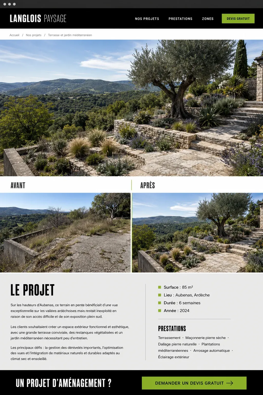 Exemple de fiche projet paysagiste avec photos avant/après et contexte du chantier