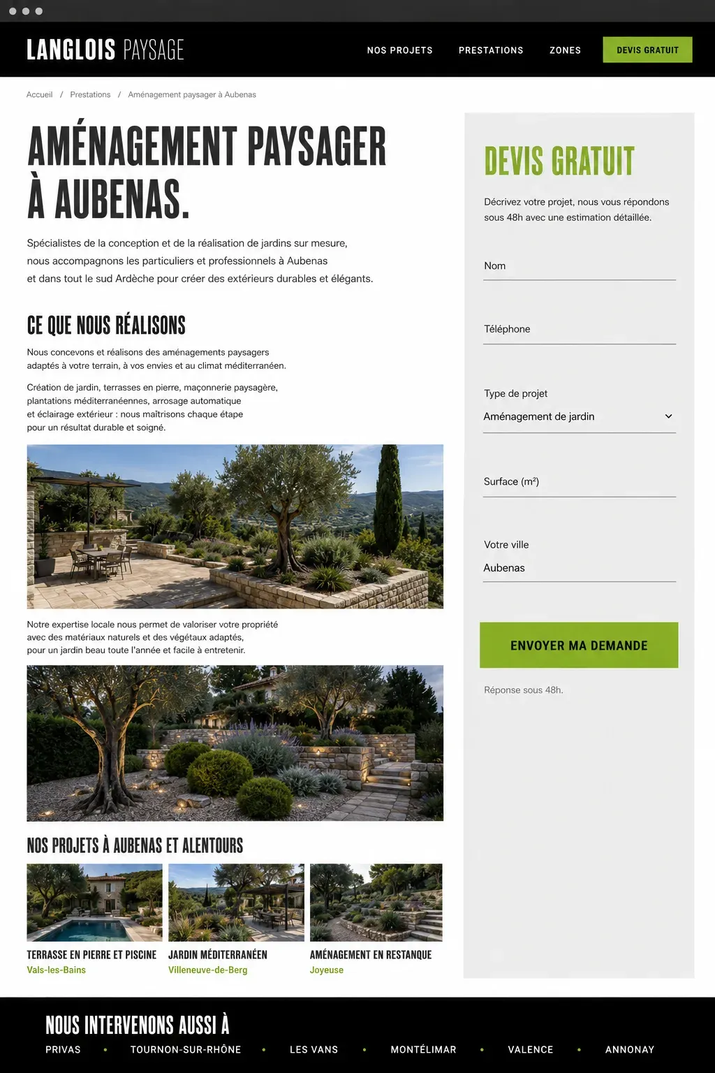 Exemple de page prestation localisée pour un paysagiste, aménagement paysager avec formulaire de devis