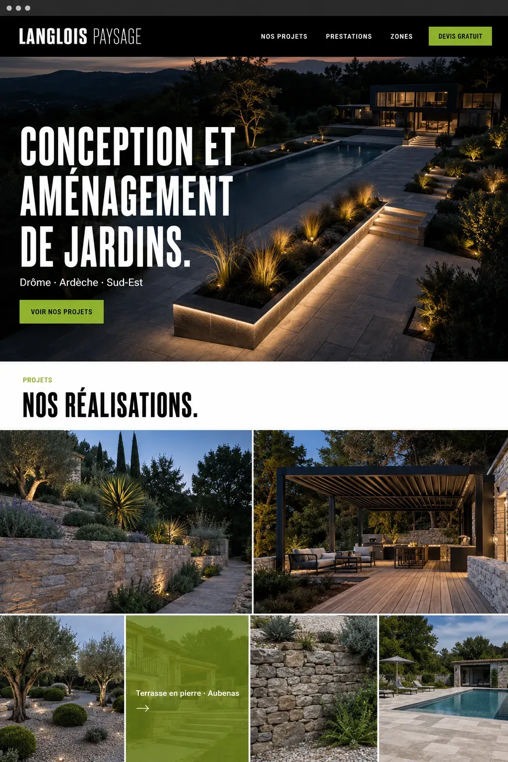 Exemple de site internet professionnel pour paysagiste, page d'accueil avec galerie de projets