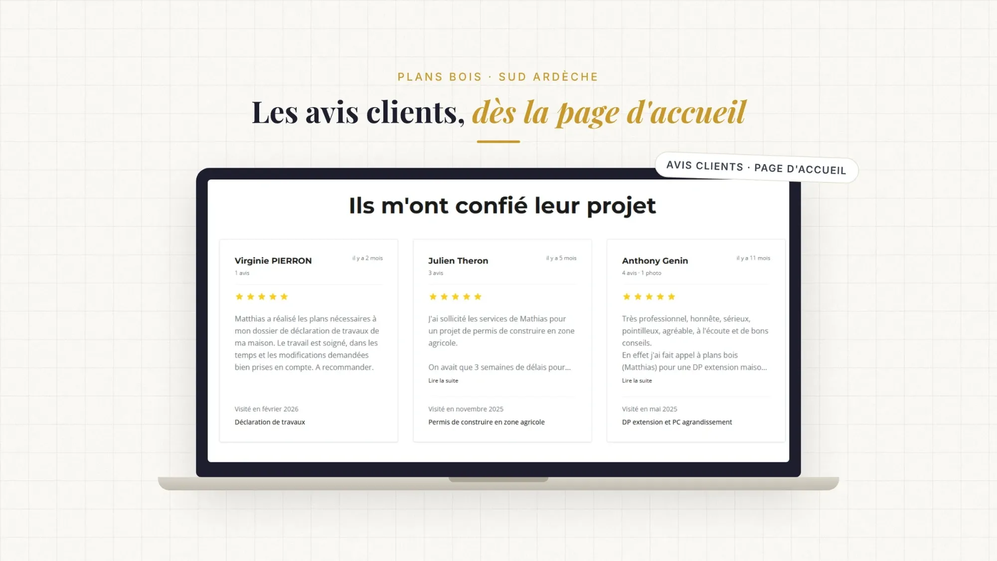 Avis clients mis en valeur sur la page d'accueil du site de Plans Bois, dessinateur en bâtiment en Ardèche, avec la prestation concernée