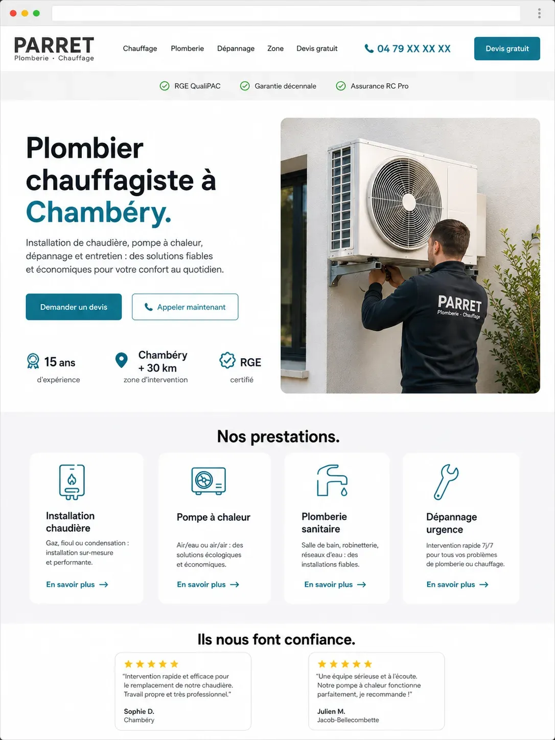 Exemple de site internet pour plombier-chauffagiste, bouton Appeler visible, photo intervention