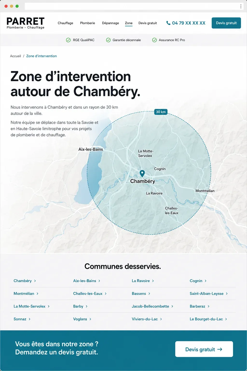 Page zone d'intervention d'un site de plombier, carte des communes desservies