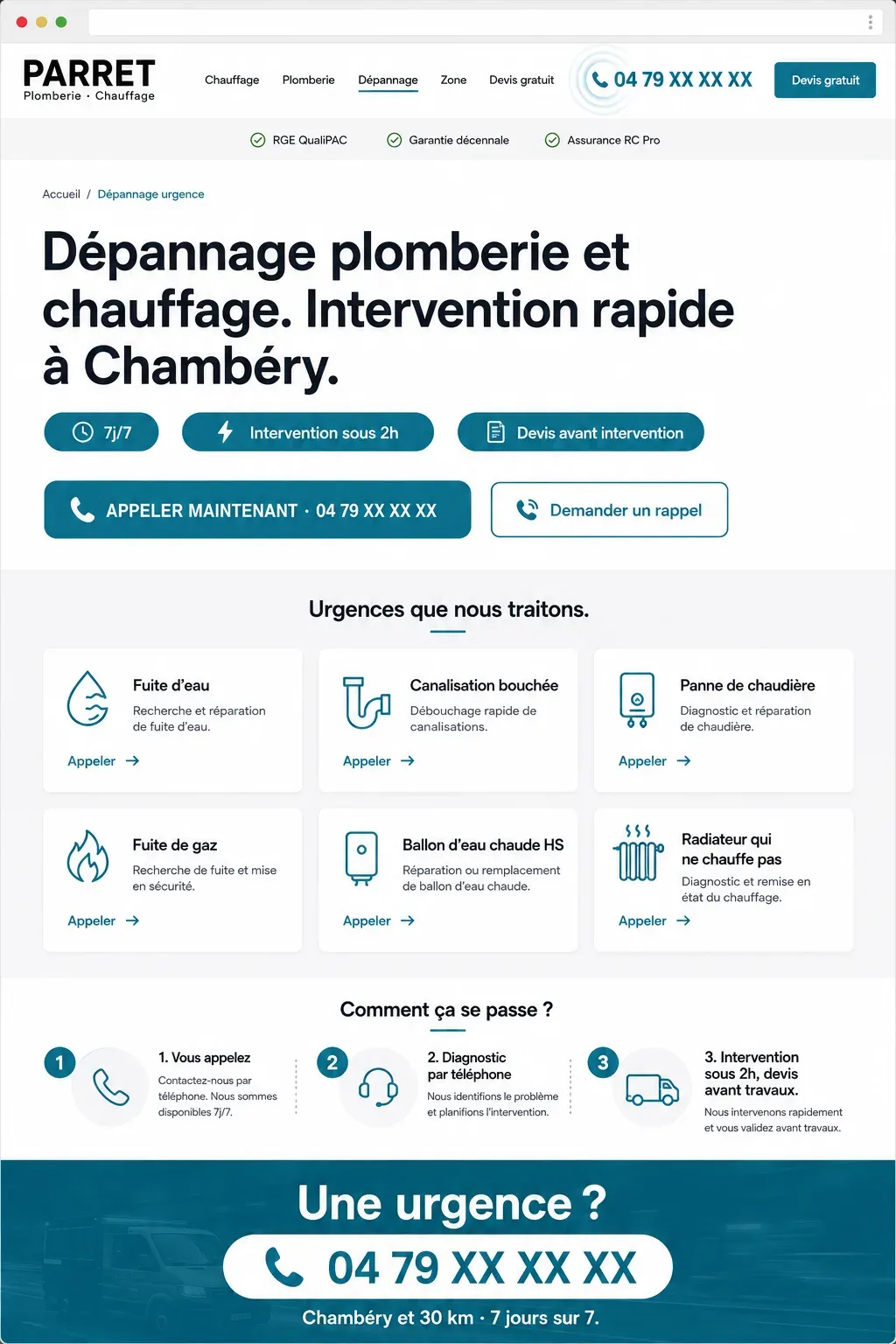 Page dépannage urgence d'un site de plombier-chauffagiste
