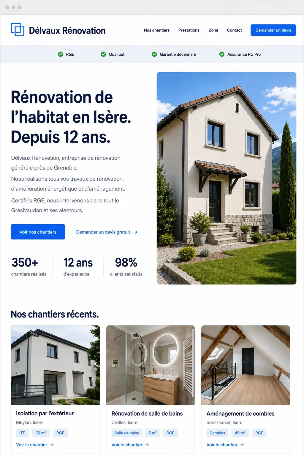 Exemple de site internet professionnel pour entreprise de rénovation, page d'accueil avec galerie de chantiers et certifications