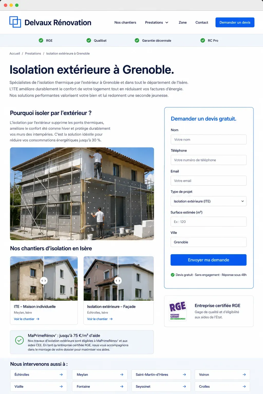Exemple de page prestation isolation extérieure à Grenoble, optimisée pour le référencement local
