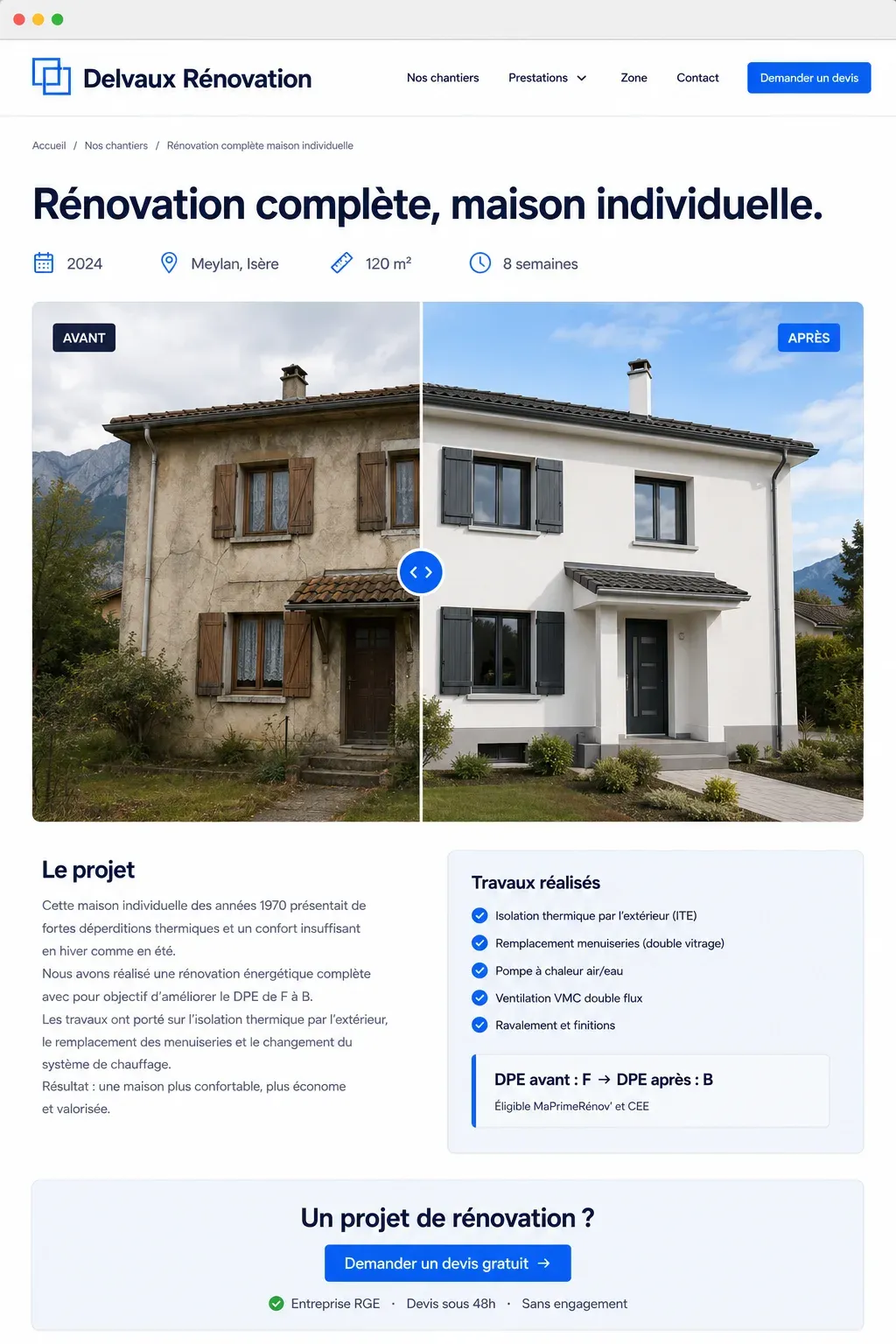 Exemple de fiche chantier de rénovation avec photos avant/après, travaux réalisés et gain de DPE