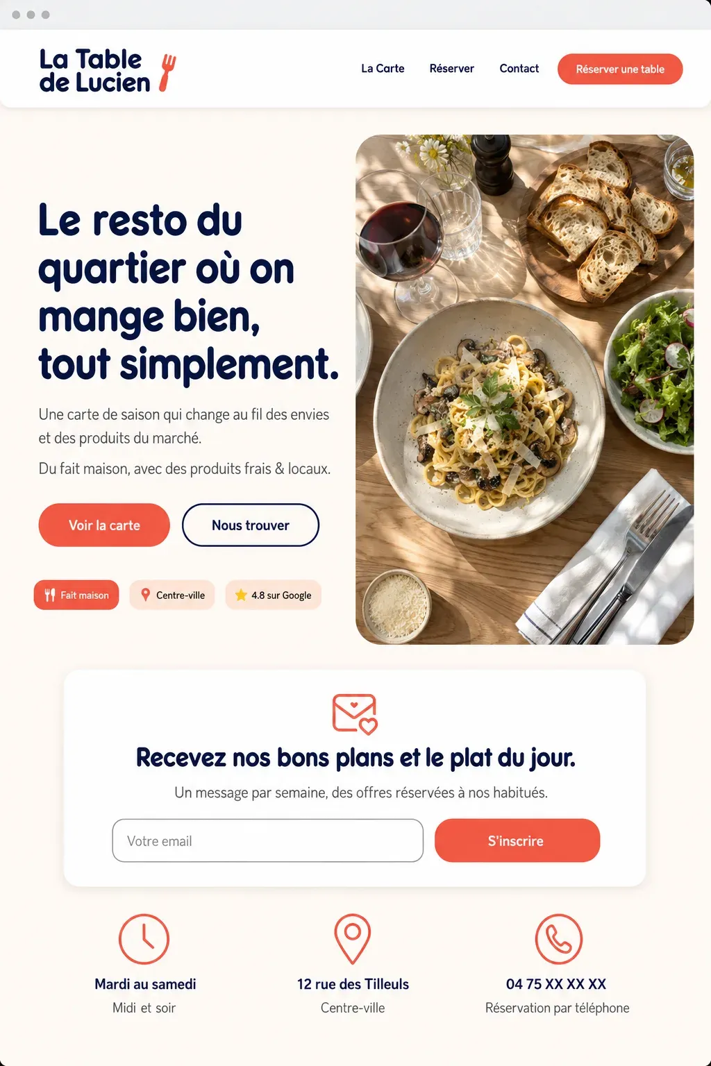 Exemple de site internet pour un restaurant, page d'accueil avec réservation et inscription aux offres