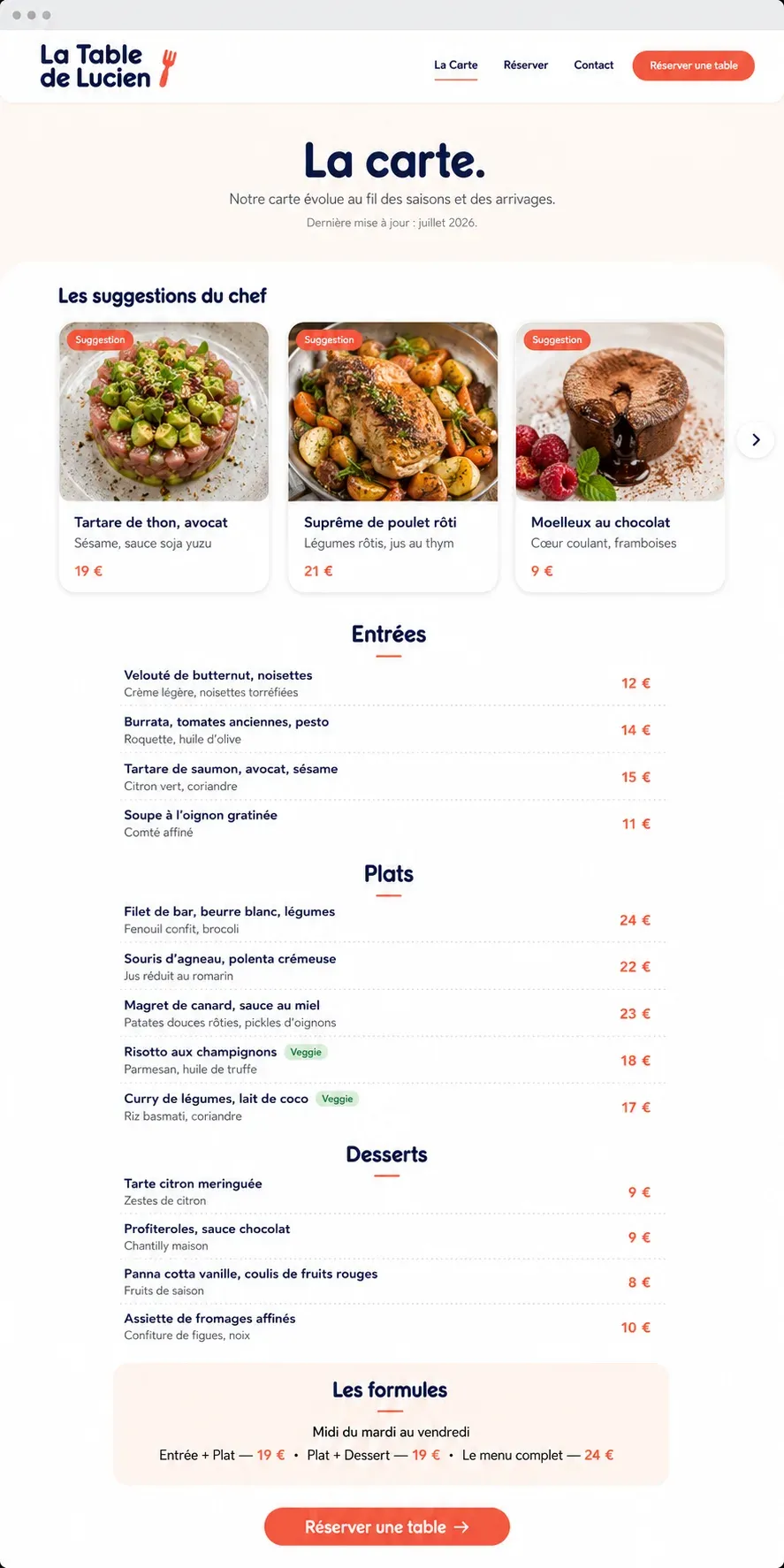 Exemple de carte de restaurant en ligne, formules et plats du jour lisibles et structurés