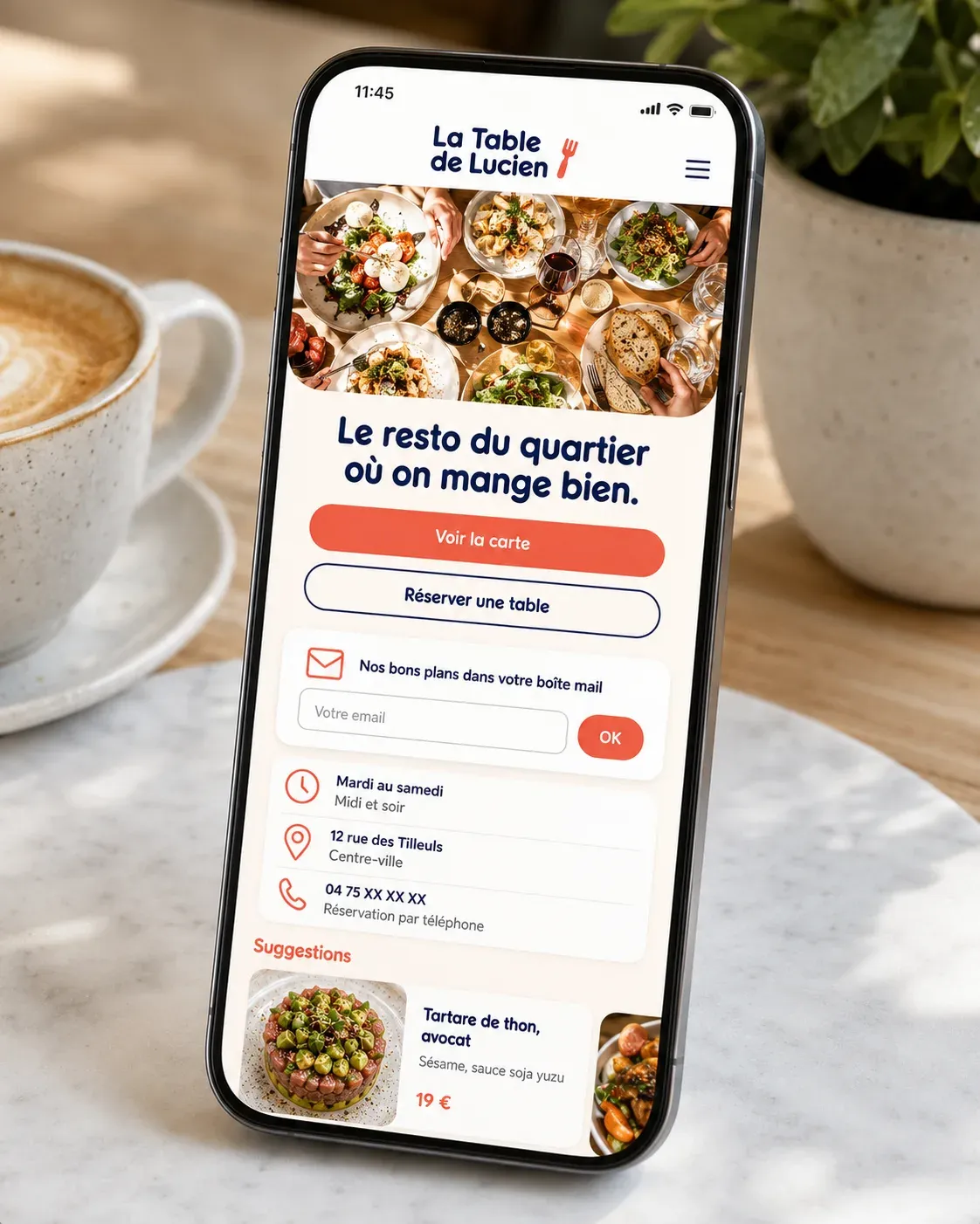 Exemple de site de restaurant sur mobile, avec réservation de table, inscription aux offres et suggestions du moment