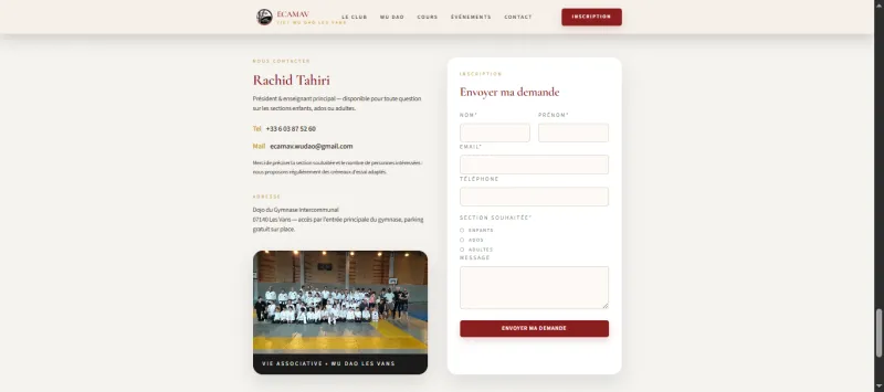 Formulaire d'inscription du site ECAMAV avec choix de section enfants, ados, adultes