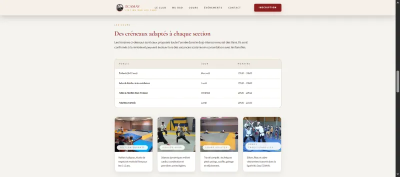 Cours et horaires par section du club ECAMAV, arts martiaux en sud Ardèche
