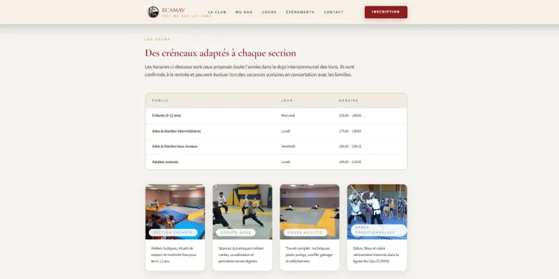 ECAMAV : Créneaux et cours par section