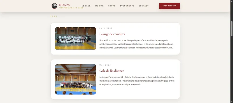 Page événements du site ECAMAV : passages de ceintures et galas de Wu Dao