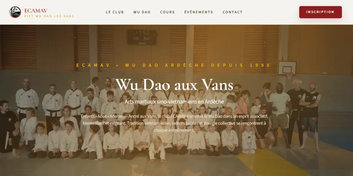 Site de l'ECAMAV Wu Dao, club d'arts martiaux aux Vans en Ardèche, réalisé par WebMagnet