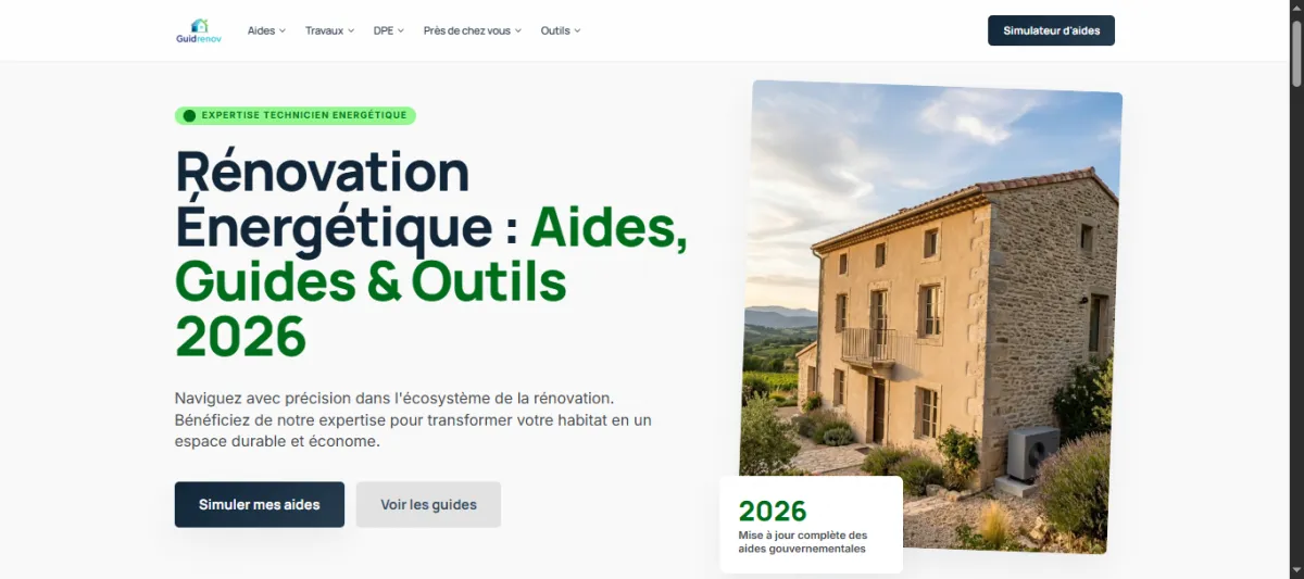 Accueil GuidRenov, guide national de la rénovation énergétique, projet SEO WebMagnet