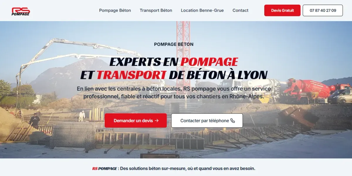Site de RS Pompage, pompage de béton à Lyon, 1er sur Google, réalisé par WebMagnet