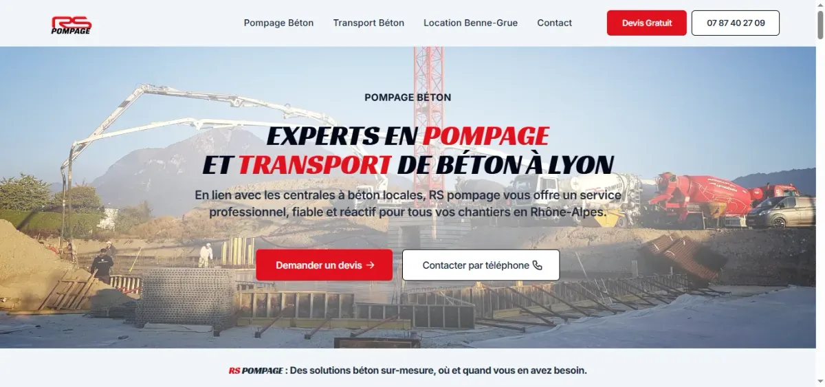 Site web de RS Pompage, entreprise de pompage béton à Lyon, réalisé par WebMagnet